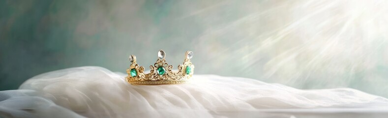 Poster - A golden crown adorned with emeralds rests on soft fabric, illuminated by gentle light.