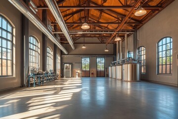 Poster - A spacious industrial interior with large windows and brewing equipment.