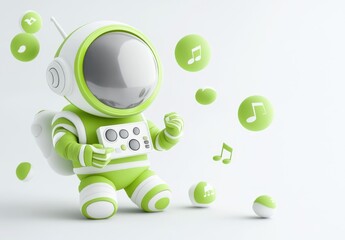 Poster - A cute green astronaut figure surrounded by musical notes and spheres.