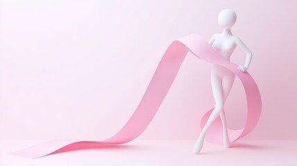 Leinwandbilder - A stylized figure holding a flowing pink ribbon in a soft pastel background.