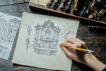 Poster - A hand sketches architectural designs on paper, surrounded by small figurines and tools.