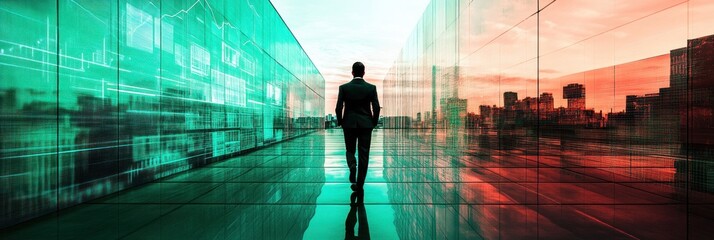 Poster - A figure walks through a futuristic corridor with vibrant colors reflecting on glass surfaces.