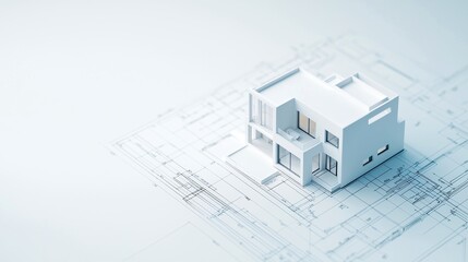 Aufkleber - A minimalist architectural model stands on blueprints, symbolizing design and construction innovation.