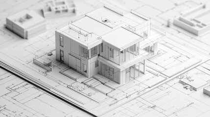 Aufkleber - A detailed architectural model displayed on blueprints, showcasing modern design and structure, emphasizing precision and creativity in planning.