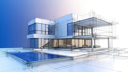Aufkleber - A modern architectural design showcasing a house with a pool, presented in a blueprint style with clean lines and a minimalist aesthetic.