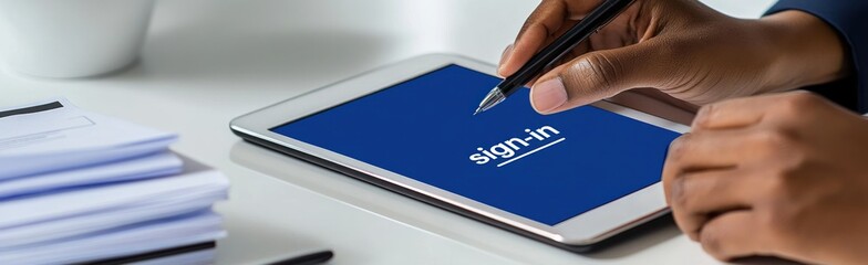 Poster - A hand using a stylus on a tablet displaying a sign-in screen.