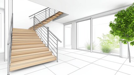 Aufkleber - A modern interior featuring a stylish wooden staircase with metal railings, large windows, and greenery, creating an open and airy atmosphere.