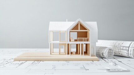 Aufkleber - A detailed architectural model of a house sits on blueprints, showcasing a modern design with wooden elements and a sleek exterior.