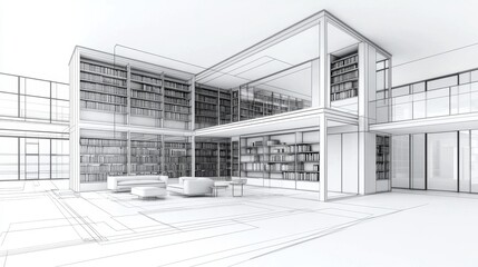 Poster - A modern library interior design featuring open spaces, large bookshelves, and minimalist architecture in a monochrome style.