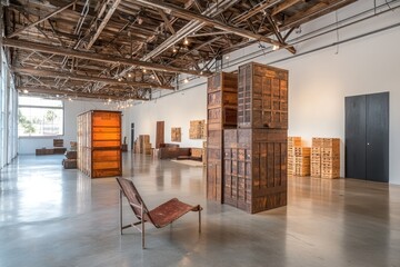 Poster - An art gallery featuring wooden installations and sculptures in a spacious, well-lit environment.