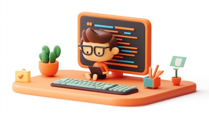 Poster - A 3D illustration of a person coding at a desk with plants and office supplies.