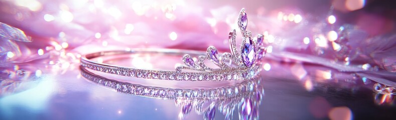 Poster - A delicate tiara with purple gemstones, reflecting light against a soft, dreamy background.