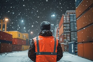 Wall Mural - Worker in High-Visibility Vest Observing Snowfall at Shipping Container Yard During Winter Night