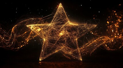 Wall Mural - Golden wireframe star gently spins on a black background picture