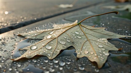 Aufkleber - A leaf with water droplets on it is on a surface