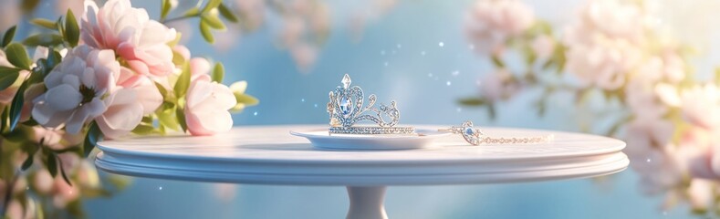 Poster - A delicate tiara and necklace on a table surrounded by blooming flowers.
