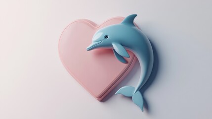 Poster - A playful blue dolphin rests on a pink heart, symbolizing love and affection.