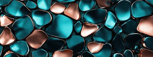 Poster - Abstract arrangement of teal and copper shapes resembling polished stones.