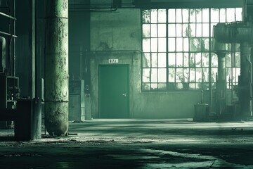 Poster - A dimly lit industrial space with large windows and a green door, evoking a mysterious atmosphere.