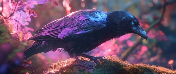 Poster - A vibrant, stylized crow perched on a mossy surface amidst colorful foliage.