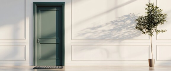 Poster - A serene interior featuring a green door and a potted plant casting shadows.