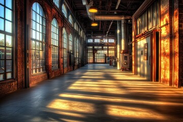 Poster - A spacious industrial interior with large windows casting shadows and warm light.