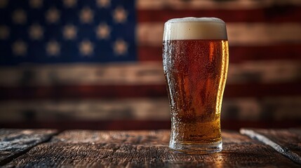 A cold beer in foam sits on a wood table before an American flag backdrop.