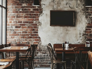 Wall Mural - A cozy restaurant interior with wooden tables and a rustic brick wall.