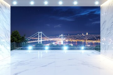 Poster - Modern interior with a view of a city bridge at night.
