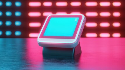 Poster - A compact digital device with a bright screen, set against a vibrant background of colorful lights, showcasing modern technology.