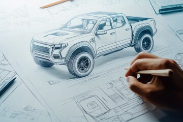 Poster - A hand sketches a concept drawing of a pickup truck on a design blueprint.