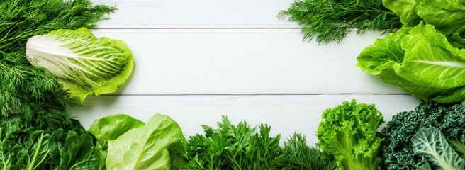 Poster - A variety of fresh greens arranged on a light wooden surface for culinary use.