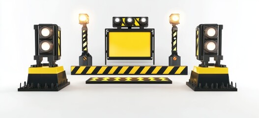 Aufkleber - A construction-themed stage setup with warning lights and barriers.