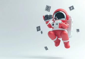 Aufkleber - A playful astronaut in a red suit holds a camera, surrounded by floating icons.