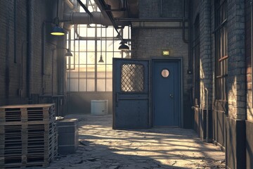 Aufkleber - A sunlit industrial hallway with a blue door and wooden pallets.