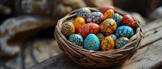 Wall Mural - Happy easter, Easter painted eggs in the basket on wooden rustic table for your decoration in holiday. with copy space