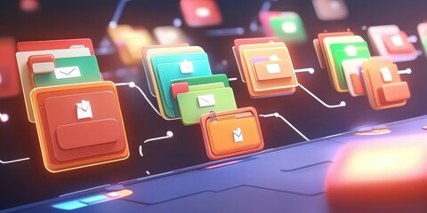 Poster - abstract futuristic network grid with colorful files and folders representing data management in dig