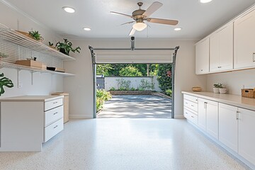 Poster - A clean, organized garage with shelves, storage, and an open door leading to an outdoor space.