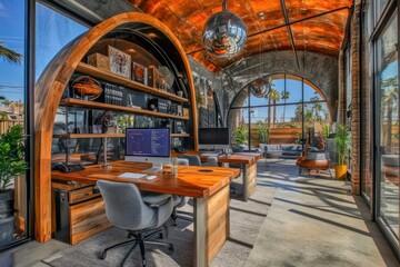 Aufkleber - Modern office space with large windows, wooden desks, and lush plants, promoting productivity.