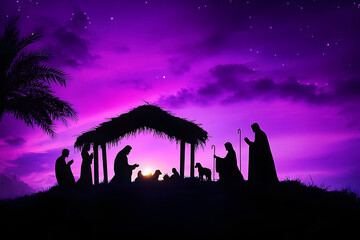 Wall Mural - The nativity scene in silhouette with an intense violet and lavender background, Ai Generated