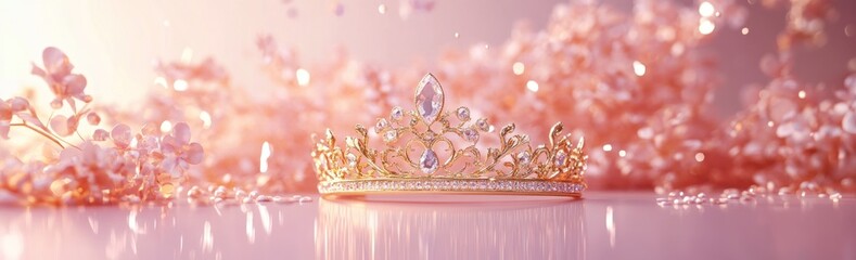 Poster - A delicate tiara surrounded by soft pink flowers, symbolizing elegance and beauty.