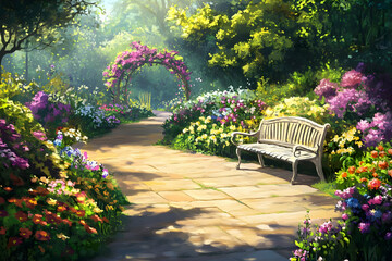 A vibrant garden path with flowers and a bench, inviting relaxation and nature appreciation.