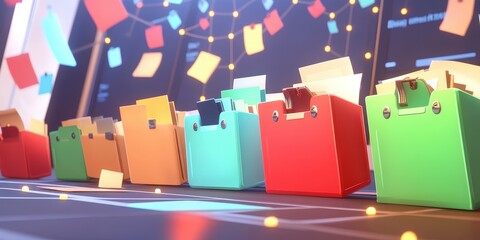 Poster - futuristic abstract network grid with colorful files and folders representing data organization and 