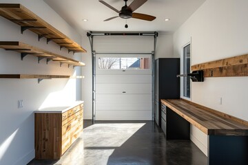 Poster - A modern garage interior with shelves and workspaces, designed for organization and functionality.