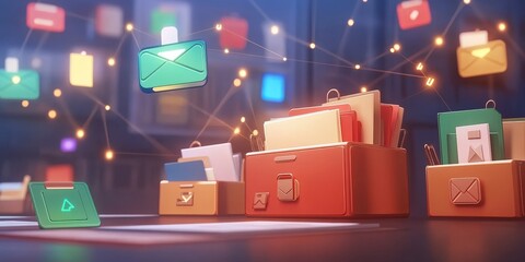 Poster - futuristic abstract network of files and folders connected in a digital grid with colorful icons rep