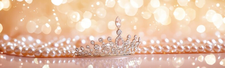 Poster - A sparkling tiara rests on a string of pearls against a soft, bokeh background.