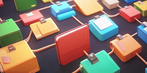 Poster - abstract network grid with colorful files and folders connected by cables in a futuristic digital en