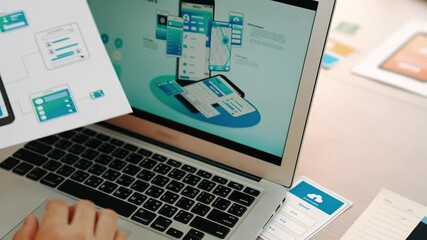 Poster - panorama video of startup ux developer or company employee using laptop design user interface or ui 