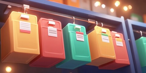 Poster - futuristic abstract grid network design with colorful files and folders hanging in a modern digital 
