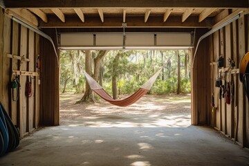 Aufkleber - A serene garage view featuring a hammock and a natural backdrop.